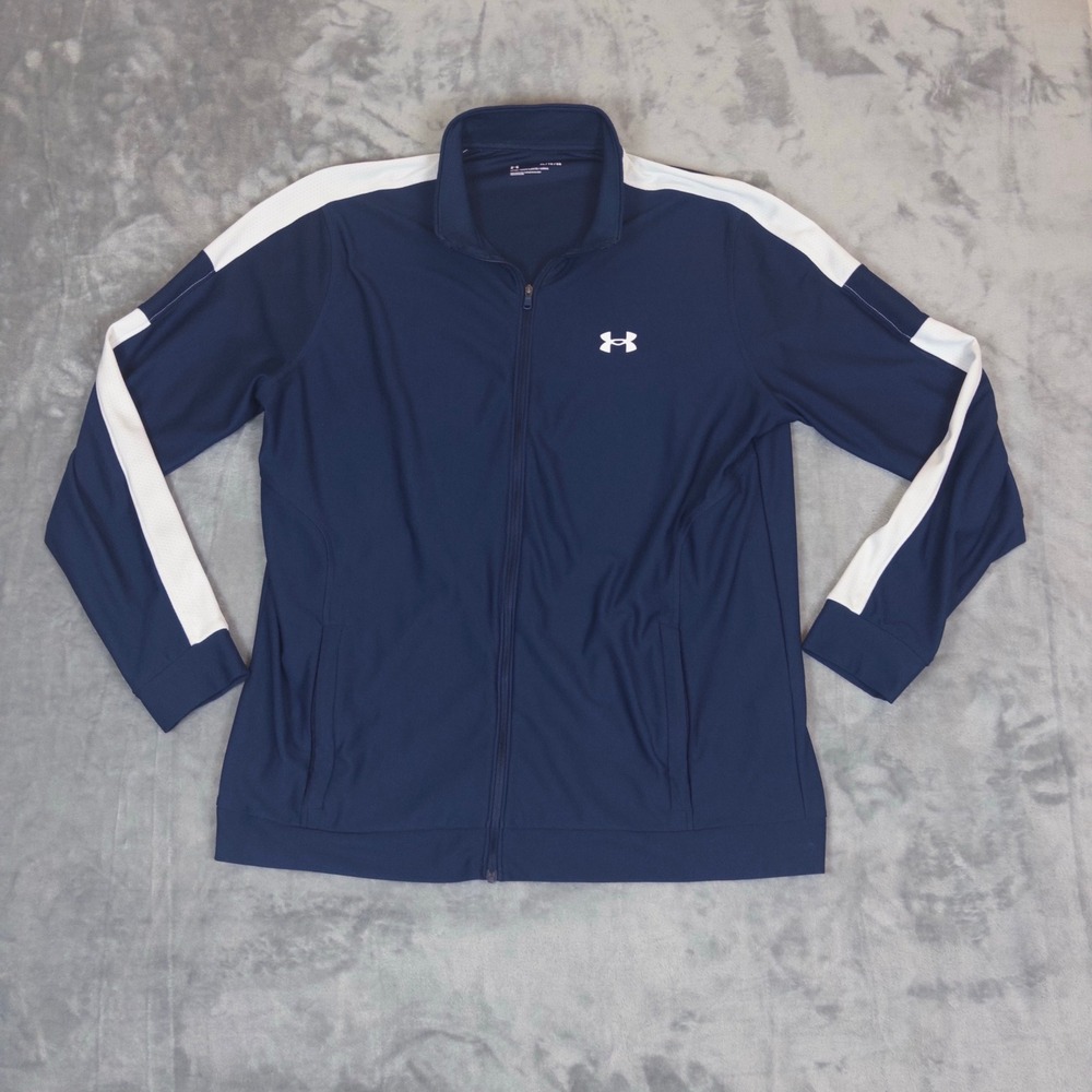 Under Armour Track Jacket Mens XL Navy Blue White Full Zip Athletic Warm Up